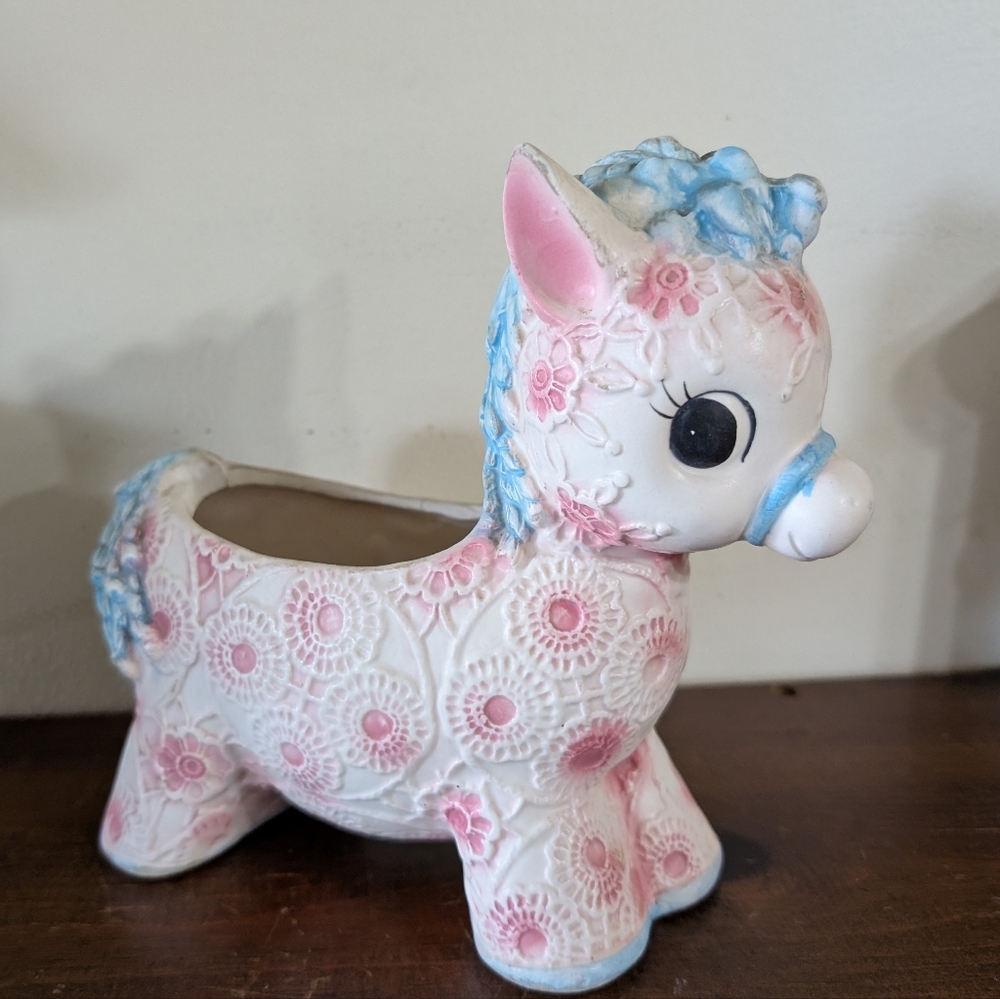 Vintage Ceramic Horse Pony Planter Nursery Decor Pink Blue Cottagecore Design